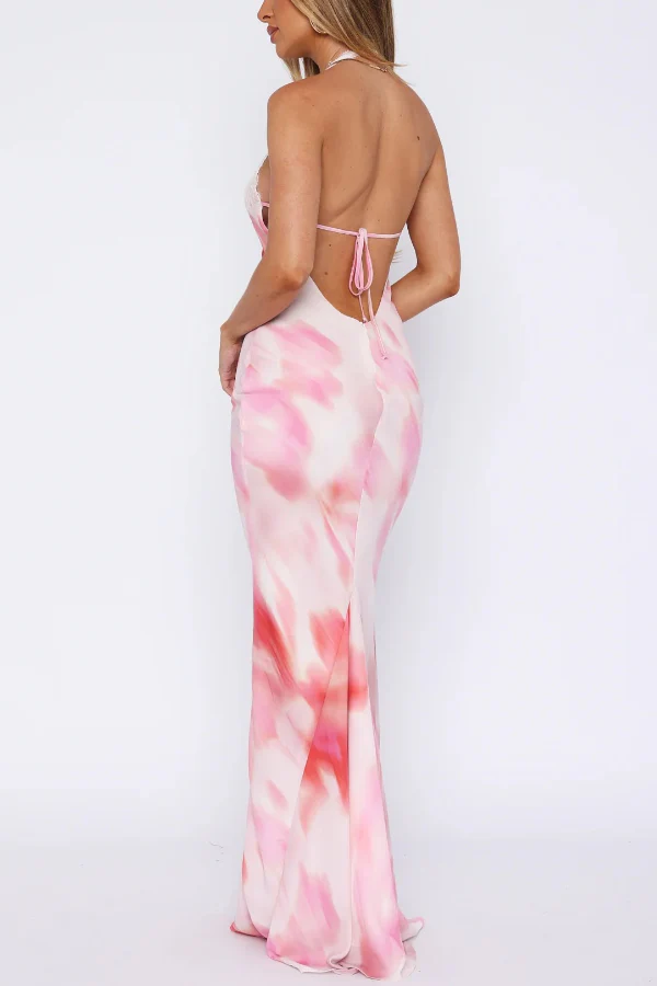 Contrast Print Halter Neck Slim V-Neck Maxi Dress