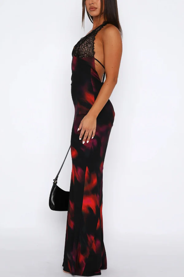 Contrast Print Halter Neck Slim V-Neck Maxi Dress
