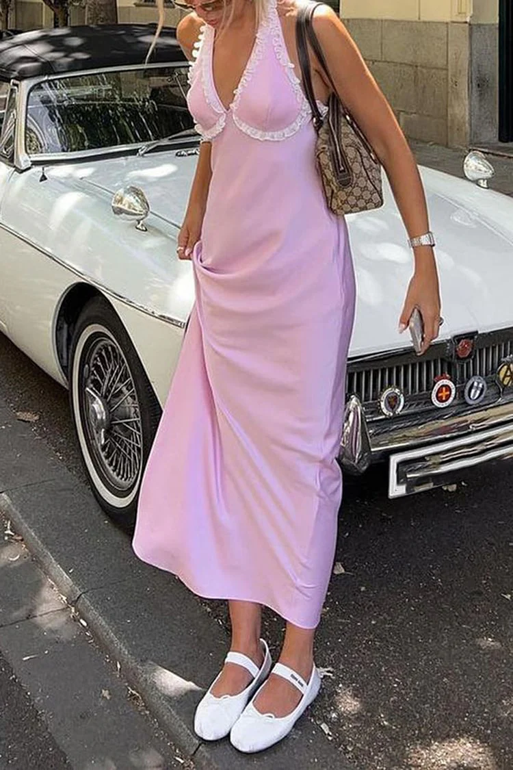 CONTRAST RUFFLE TRIM HALTER V NECK MIDI DRESSES
