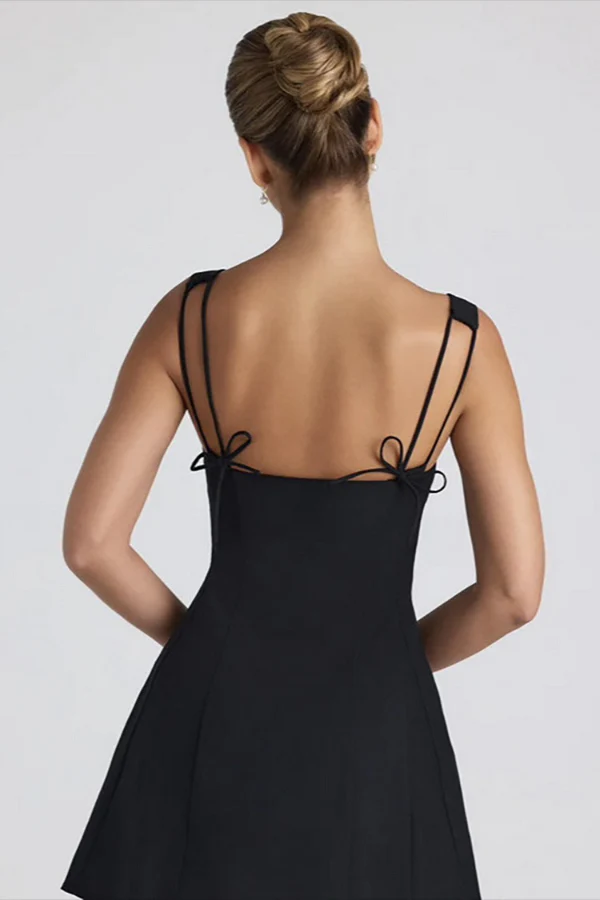 Boat Neck Bow Decor Cinch Waist Pleated Hem Slip Mini Dresses-Pink