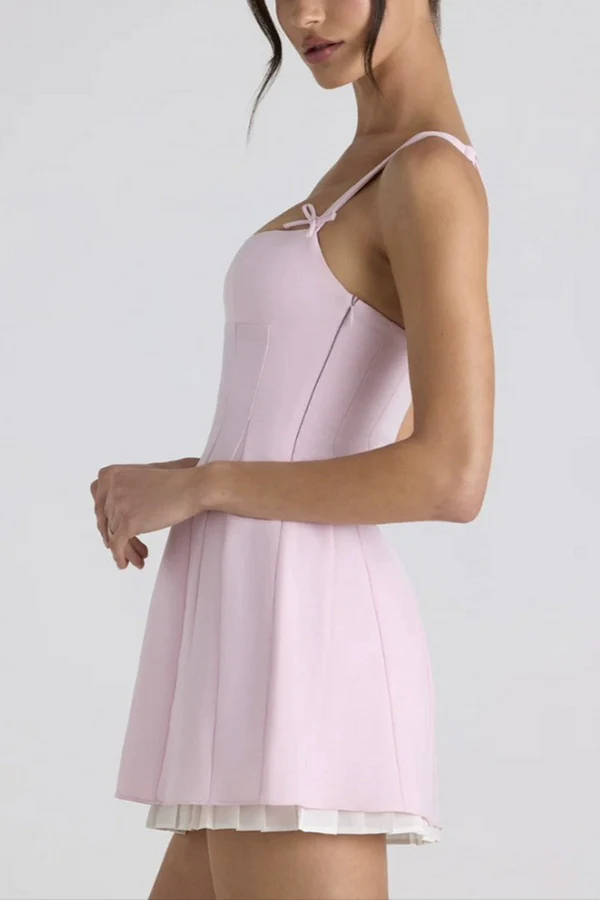 Boat Neck Bow Decor Cinch Waist Pleated Hem Slip Mini Dresses-Pink