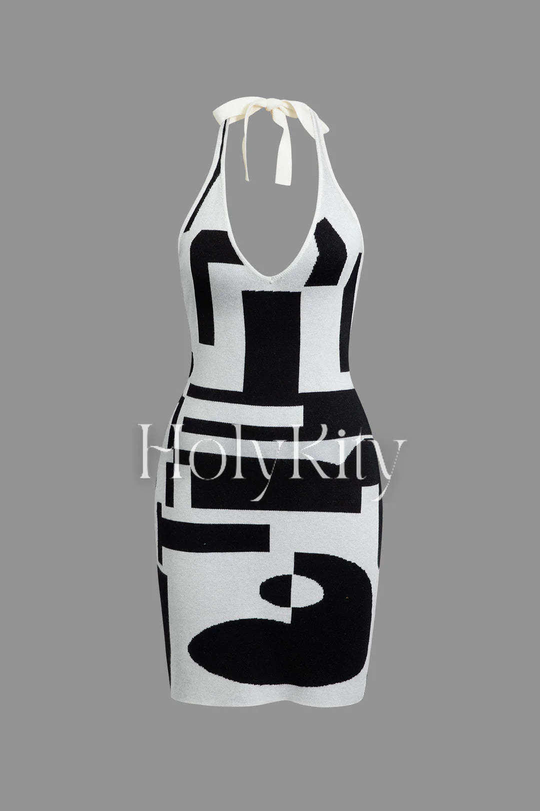Contrast Pattern V-neck Tie Halter Knit Mini Dress