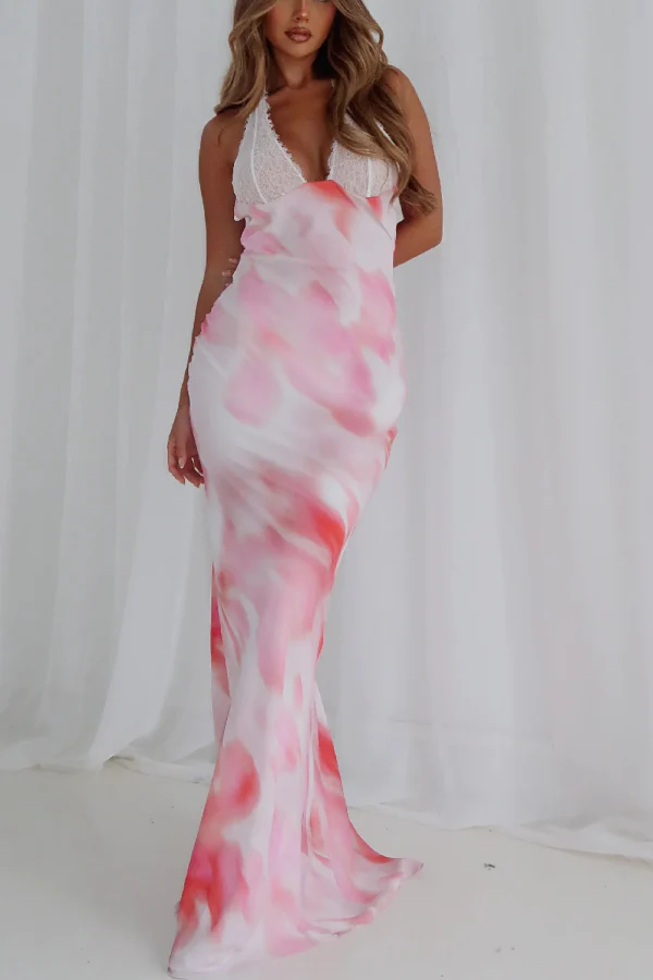 Contrast Print Halter Neck Slim V-Neck Maxi Dress
