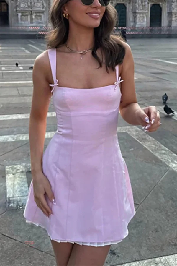 Boat Neck Bow Decor Cinch Waist Pleated Hem Slip Mini Dresses-Pink