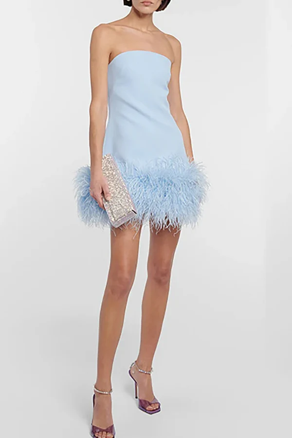 Boat Neck Strapless Feather Patchwork Mini Dresses-Blue