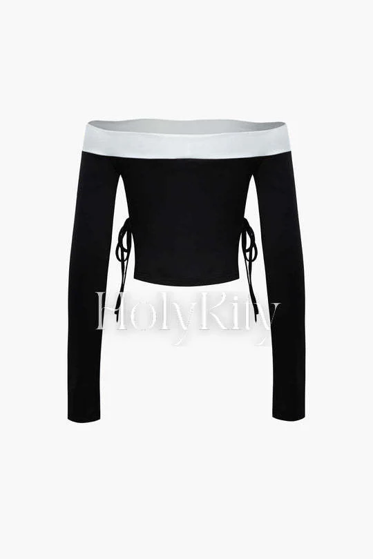 Contrast Off Shoulder Tie Side Long Sleeve Top And Shorts Set