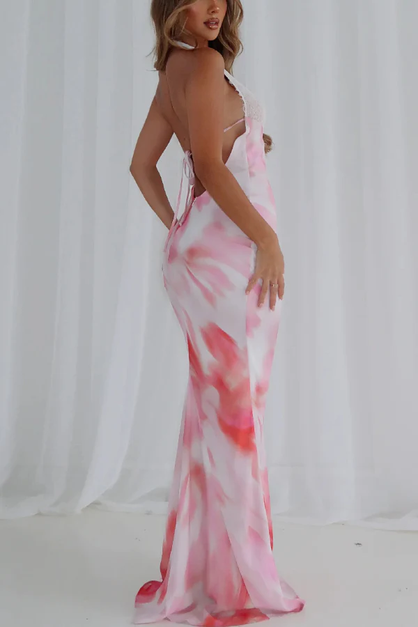 Contrast Print Halter Neck Slim V-Neck Maxi Dress