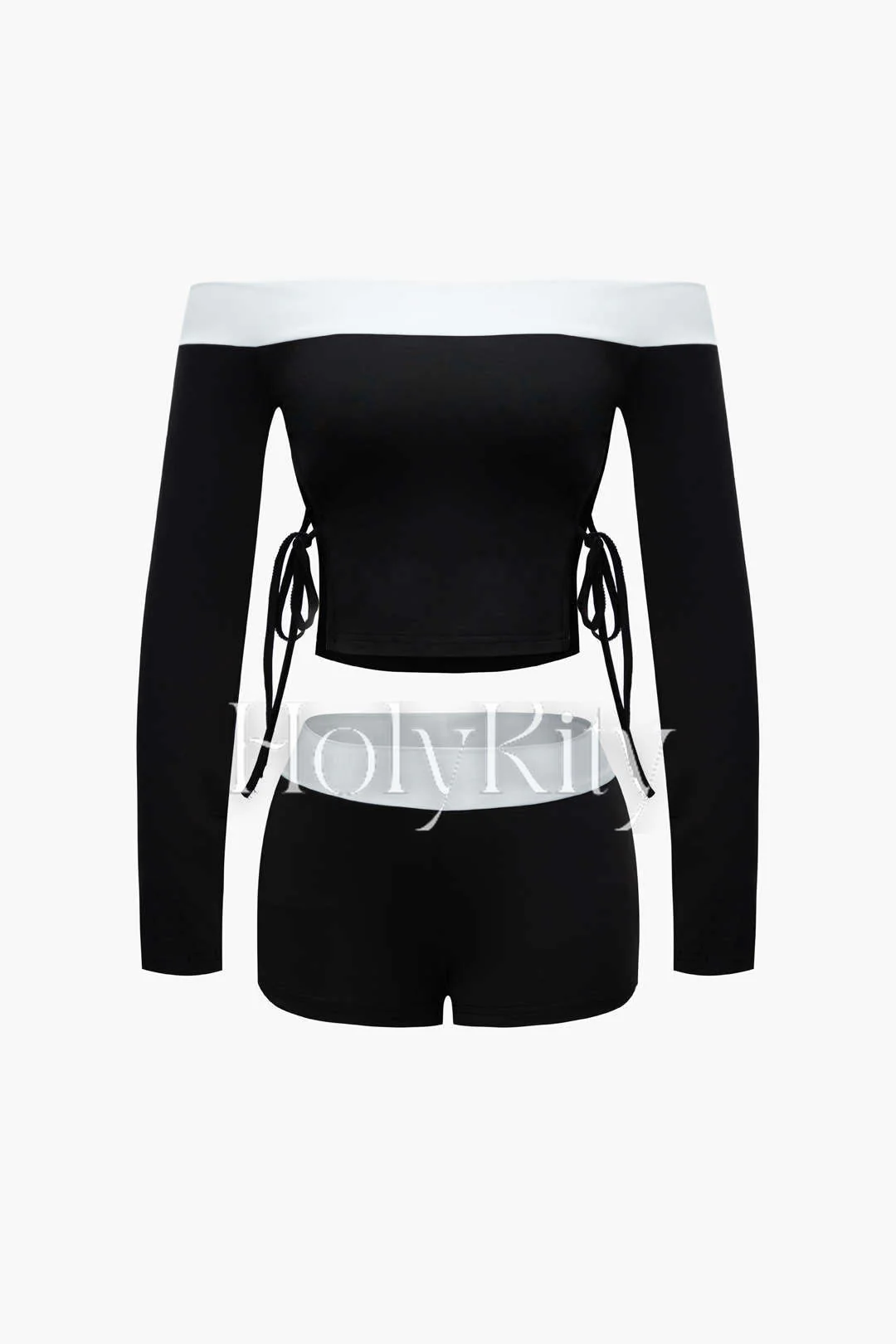 Contrast Off Shoulder Tie Side Long Sleeve Top And Shorts Set