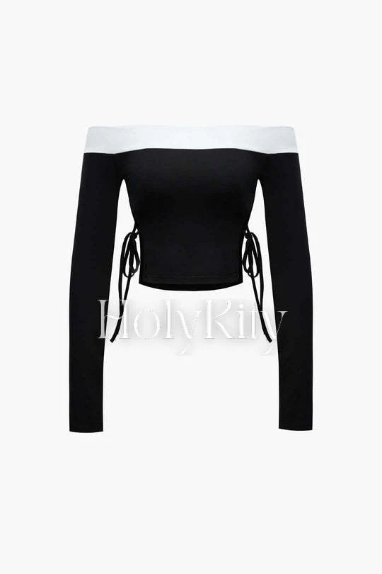 Contrast Off Shoulder Tie Side Long Sleeve Top And Shorts Set