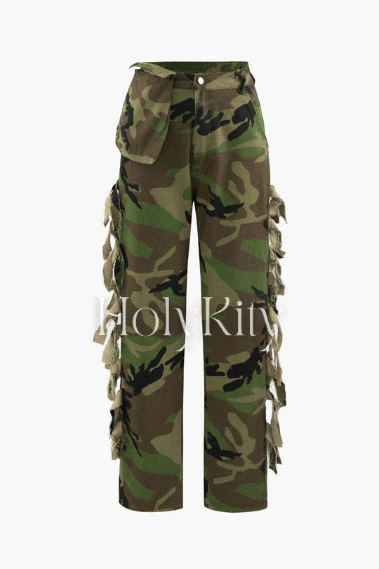 Camo Print Fringe Straight Pants
