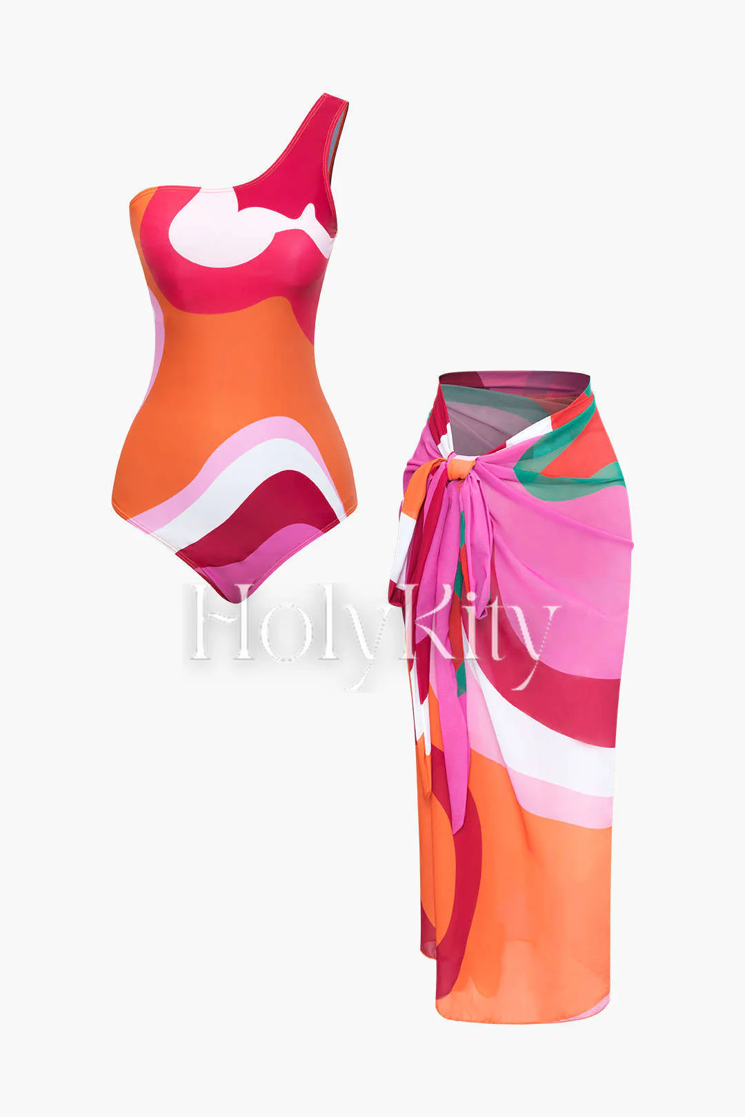 Contrast One Shoulder Bodysuit And Wrap Skirt Set