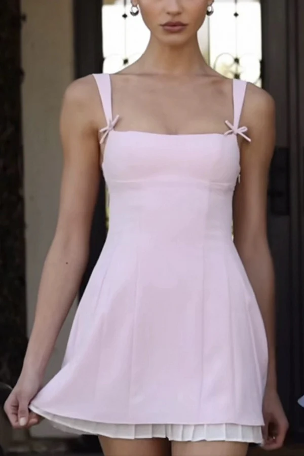 Boat Neck Bow Decor Cinch Waist Pleated Hem Slip Mini Dresses-Pink