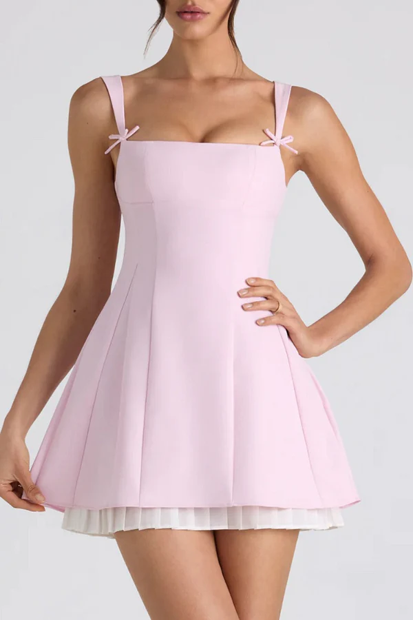 Boat Neck Bow Decor Cinch Waist Pleated Hem Slip Mini Dresses-Pink
