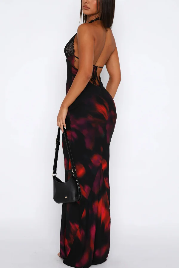 Contrast Print Halter Neck Slim V-Neck Maxi Dress