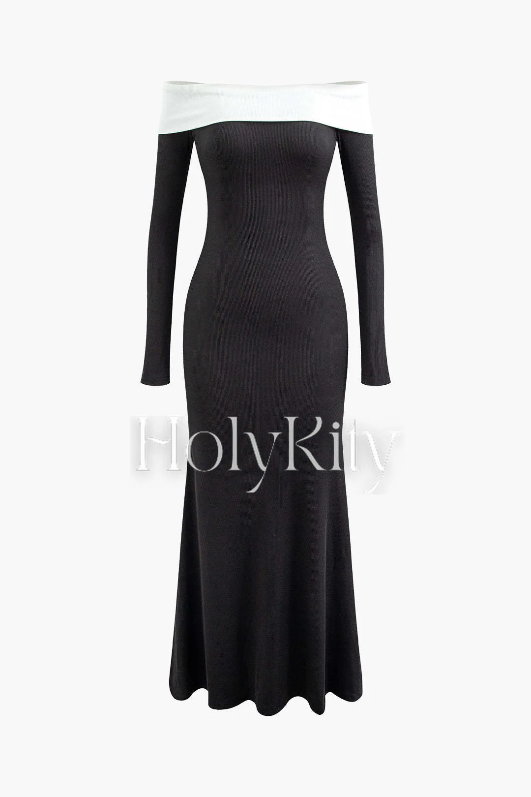 Contrast Off Shoulder Long Sleeve Maxi Dress