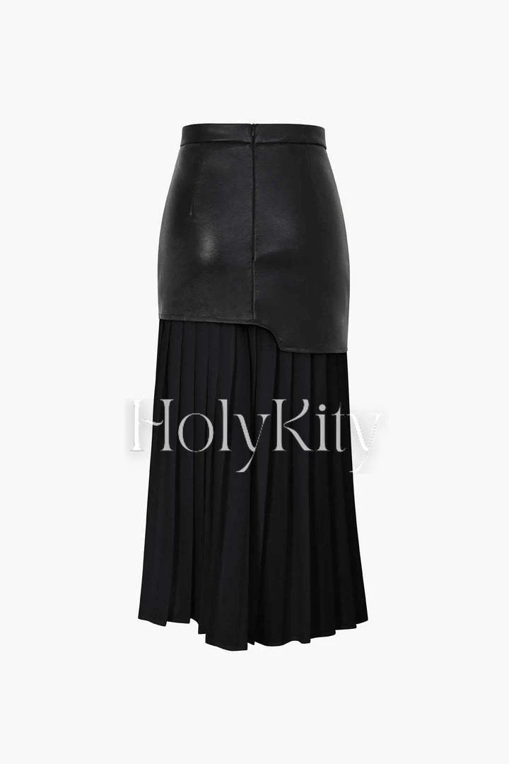 Contrast Pleated Faux Leather Midi Skirt