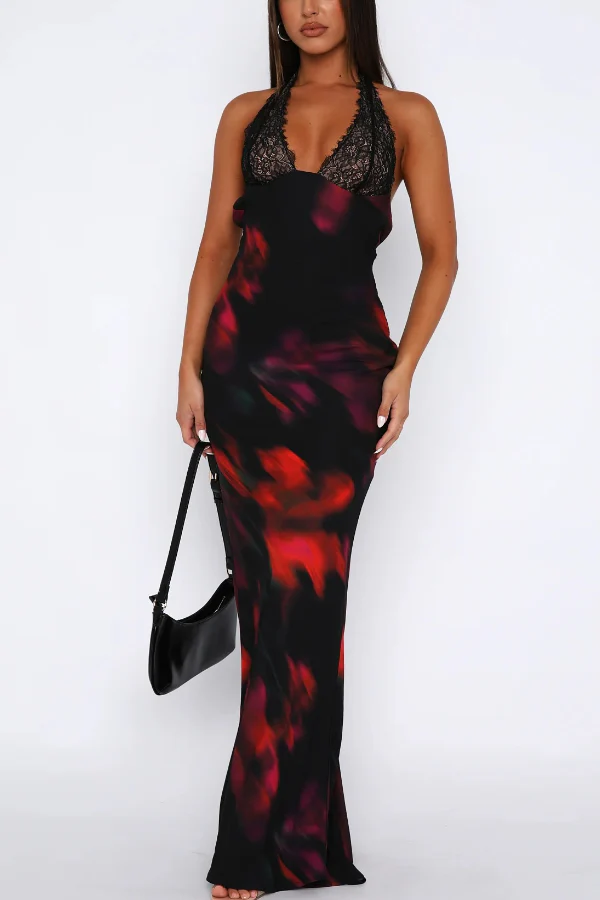 Contrast Print Halter Neck Slim V-Neck Maxi Dress