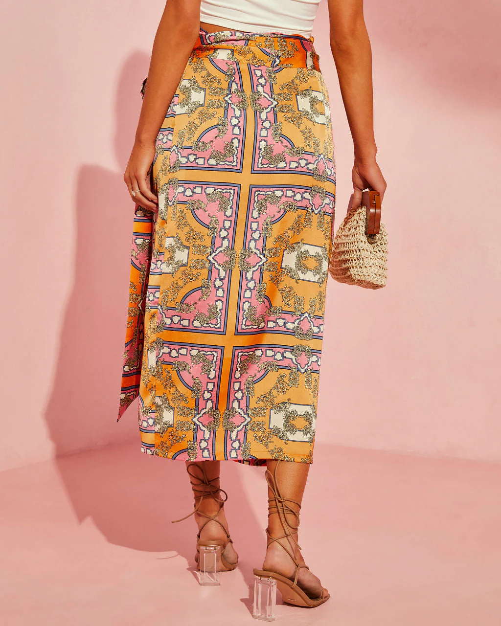 Manique Satin Printed Side Tie Midi Skirt