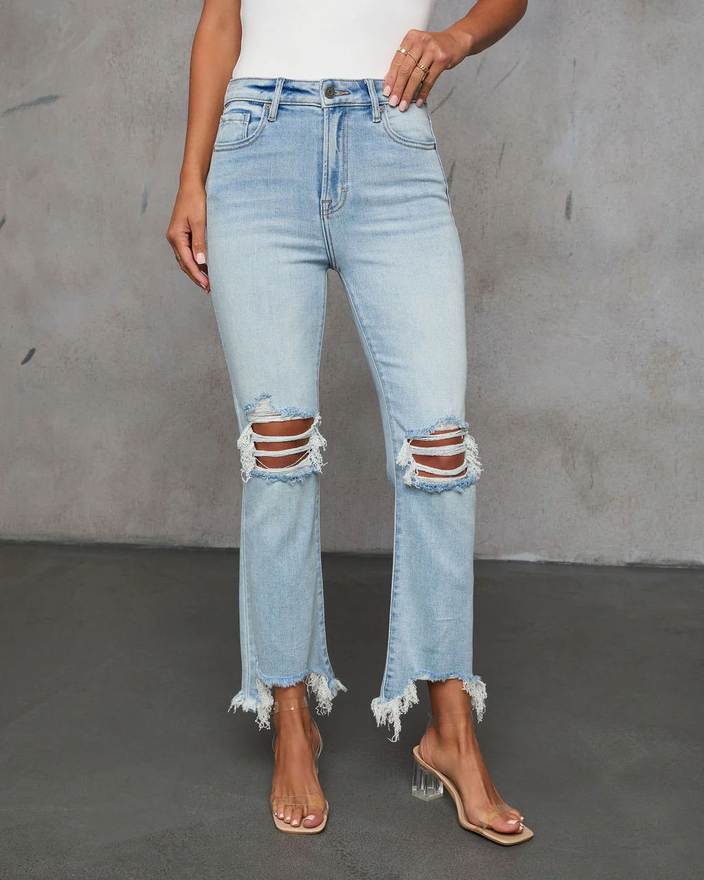 Cosmia High Rise Distressed Crop Flare Denim