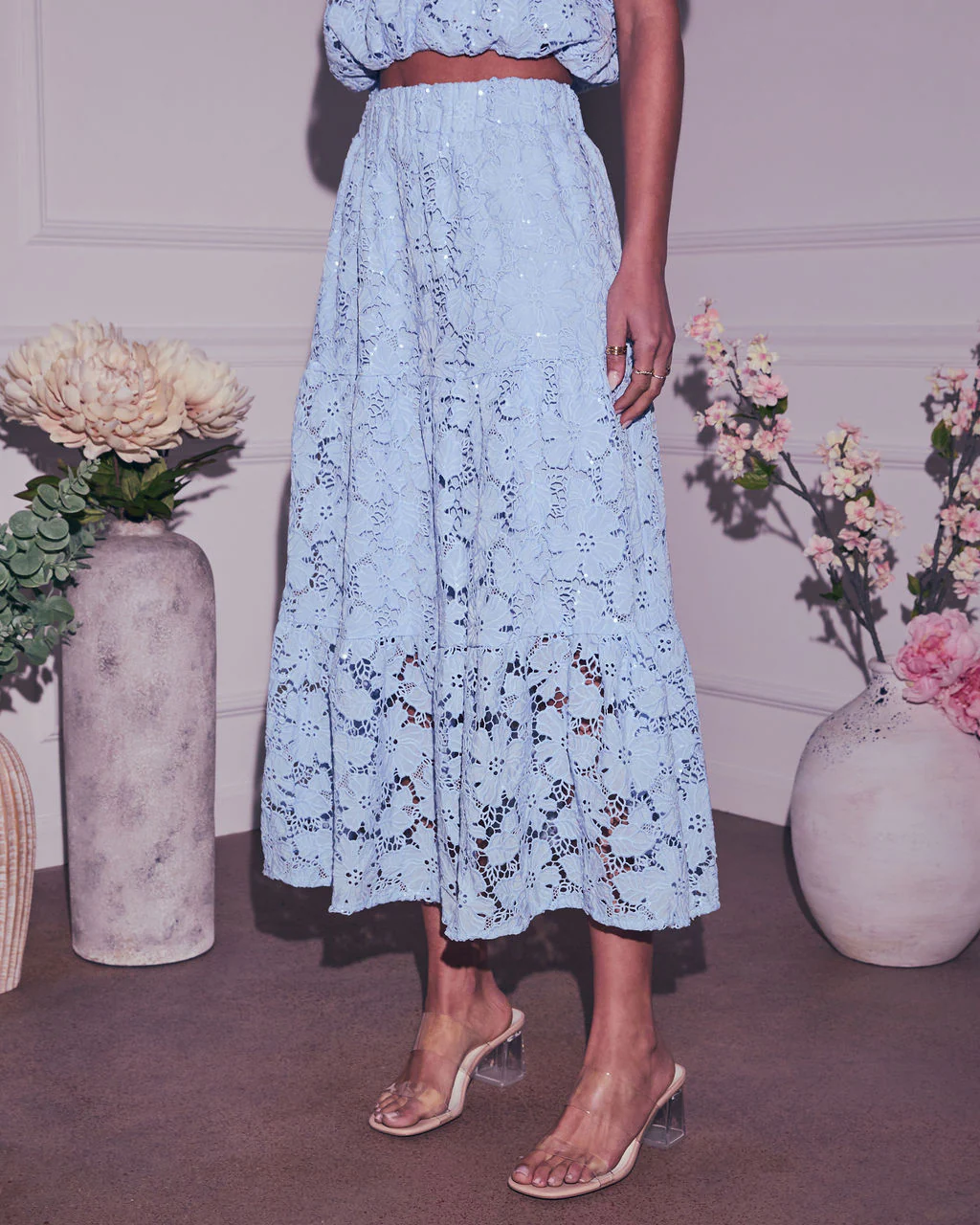 Morning Dew Floral Lace Midi Skirt