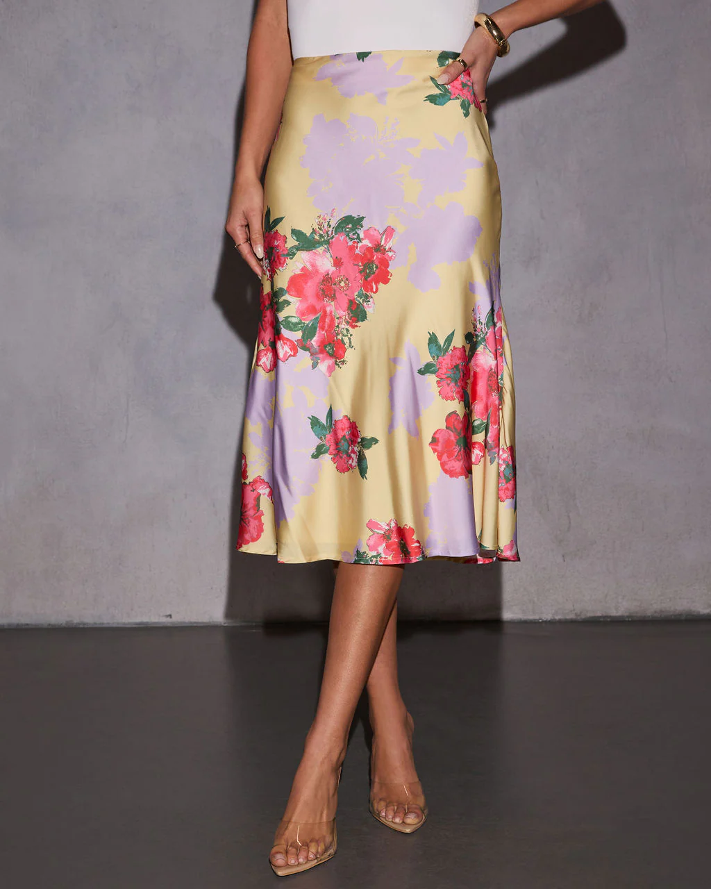 Annalise Floral Print Satin Midi Skirt