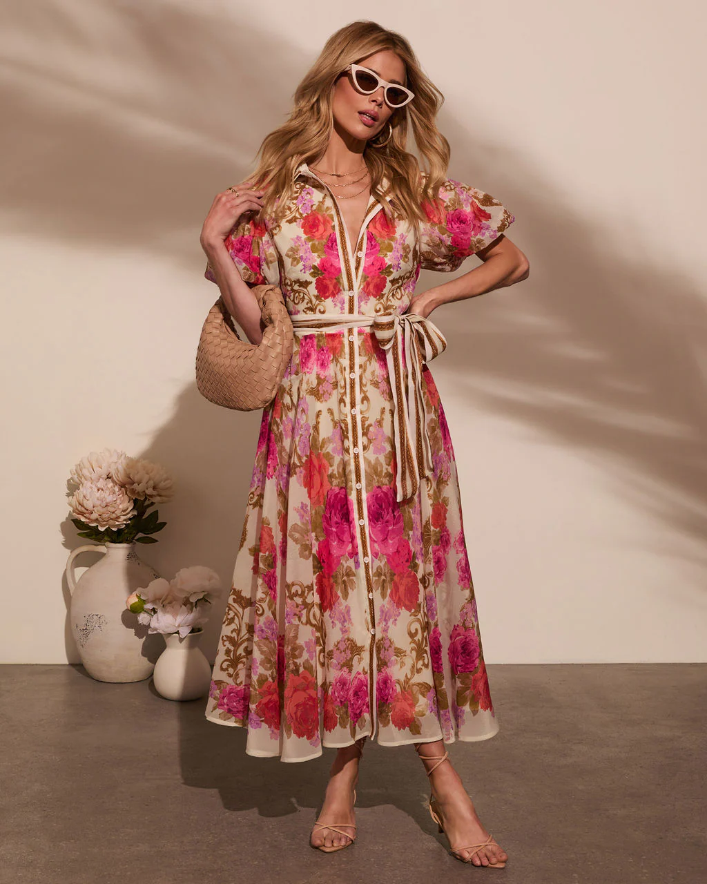 Meadowlane Floral Waist Tie Midi Dress
