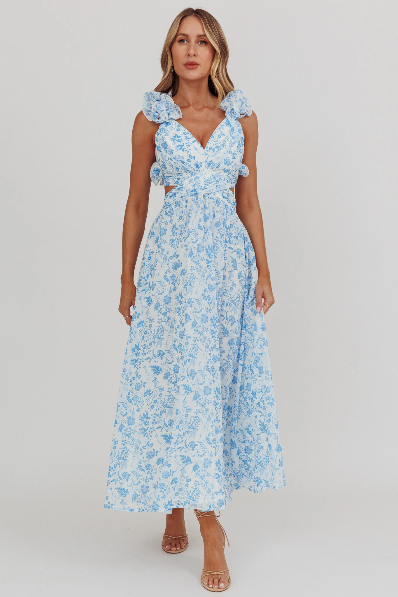 Madara Lace-Up Back Maxi Dress Flowers Blue