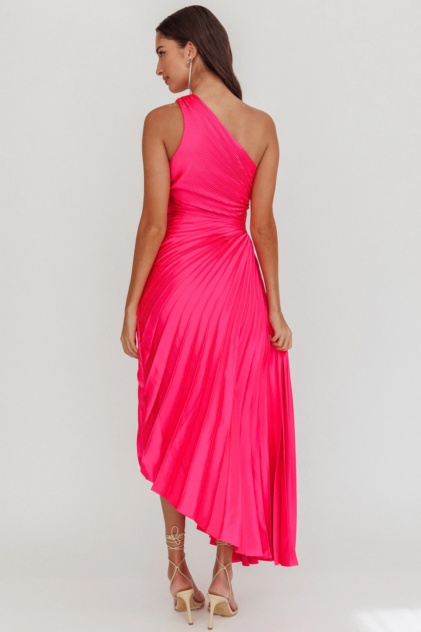 Brooklynn One-Shoulder Accordion Pleat Satin Midi Dress Fuchsia
