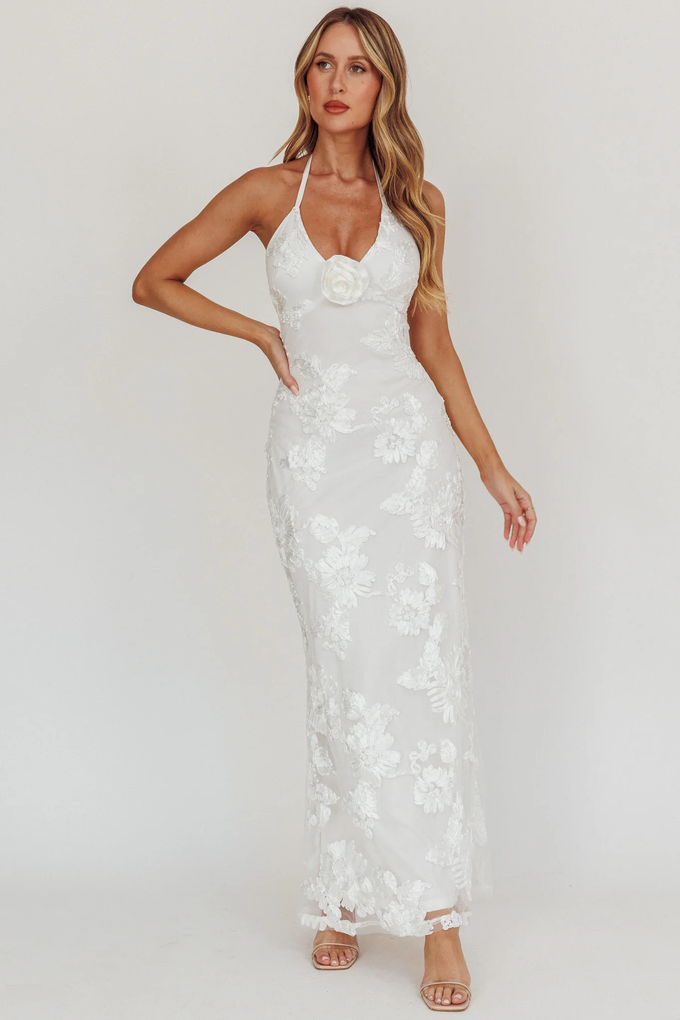 Your Affections Rosette Ribbon Embellished Maxi Dress White