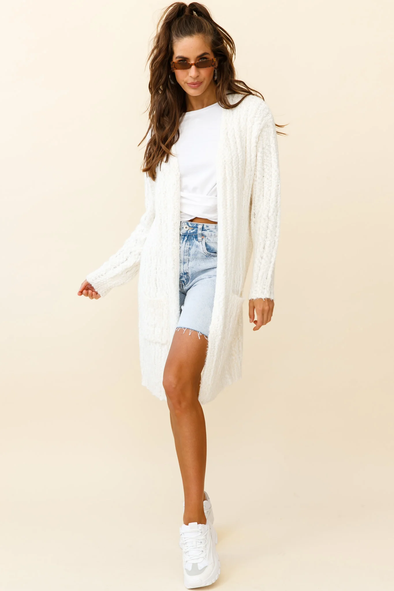 Fredricka Long-Line Knit Cardigan White