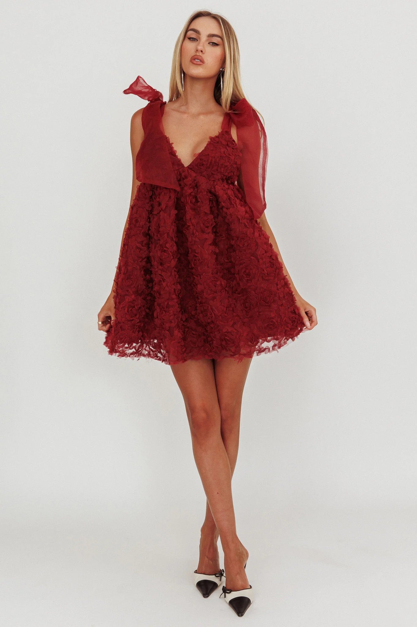 Lisette Tied Shoulder Embellished Mini Dress Wine