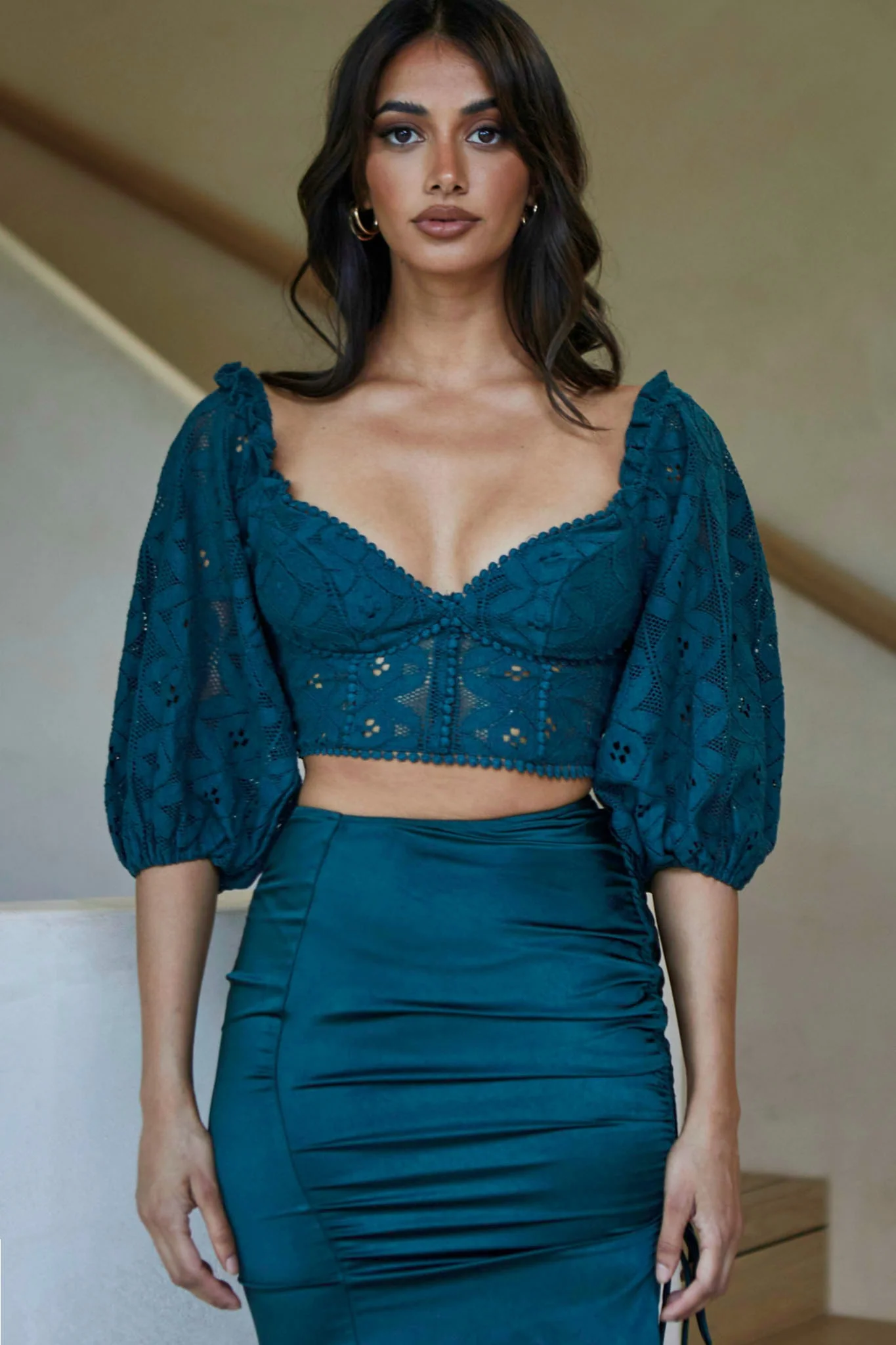 Talk About Me Puff Half Sleeve Circle Trim Crop Top Forest Green