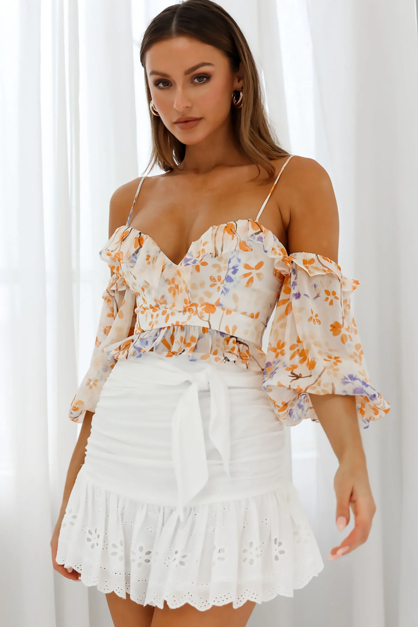 Fiorella Sweetheart Neckline Balloon Sleeve Crop Top Floral Print Orange