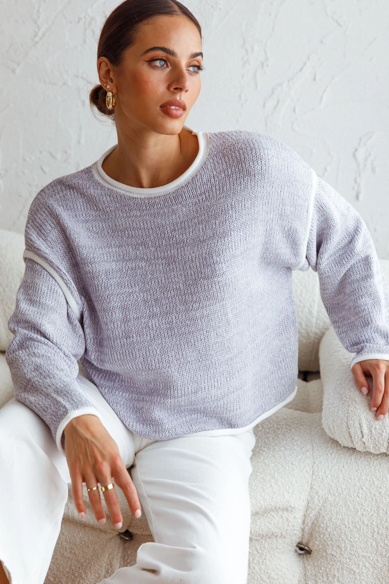 Sitting Pretty Drop Sleeve White Trim Knit Sweater Blue