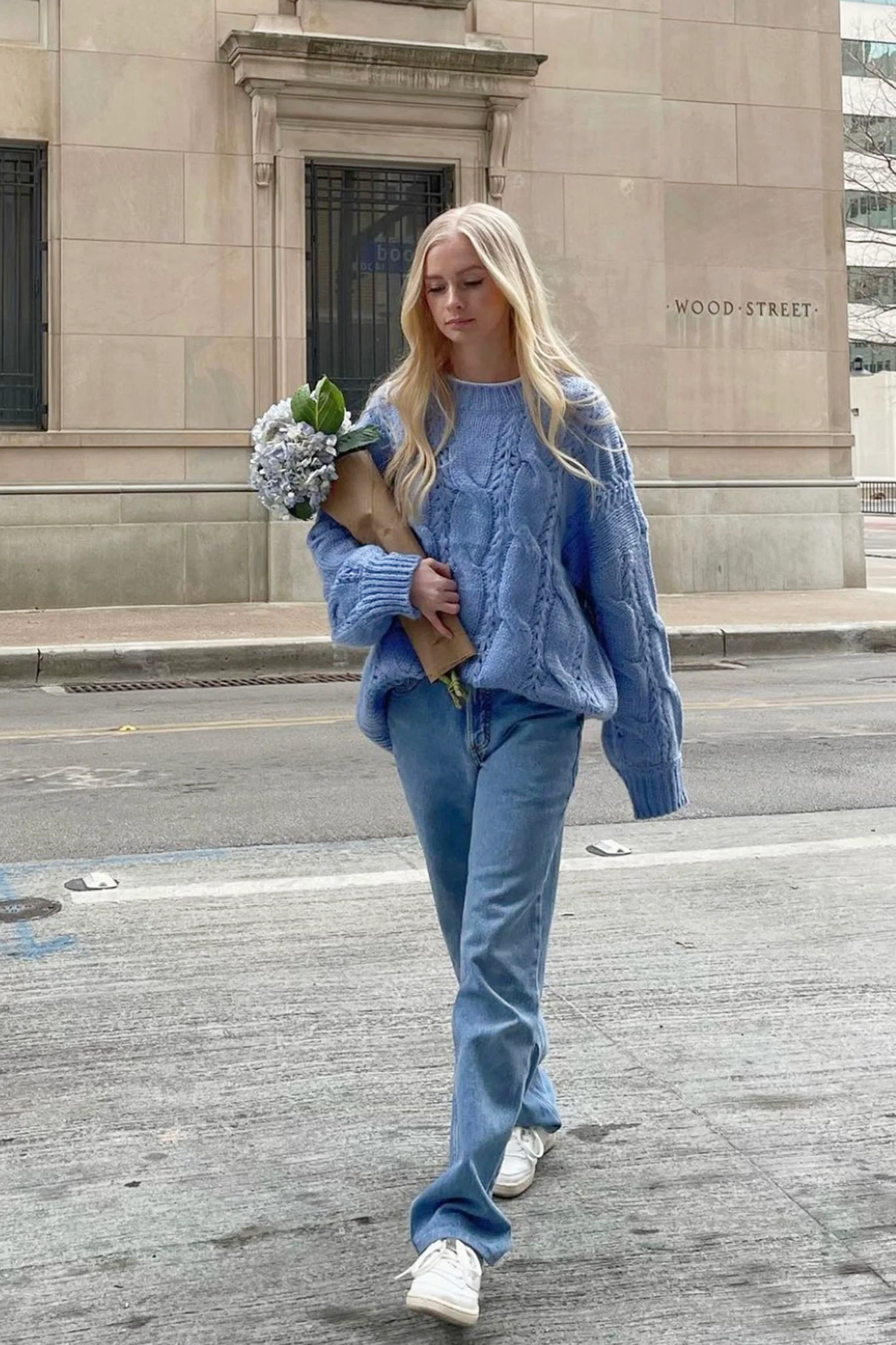 Nicola Long Sleeve Chunky Cable Knit Sweater Blue