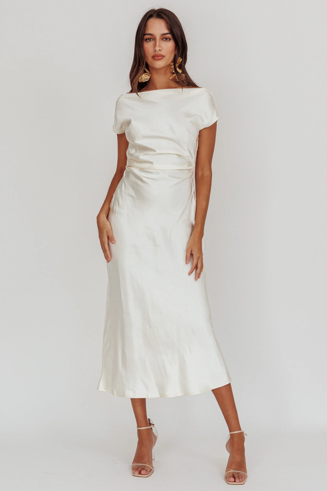Loveland Cap Sleeve Cowl Back Midi Dress Oyster