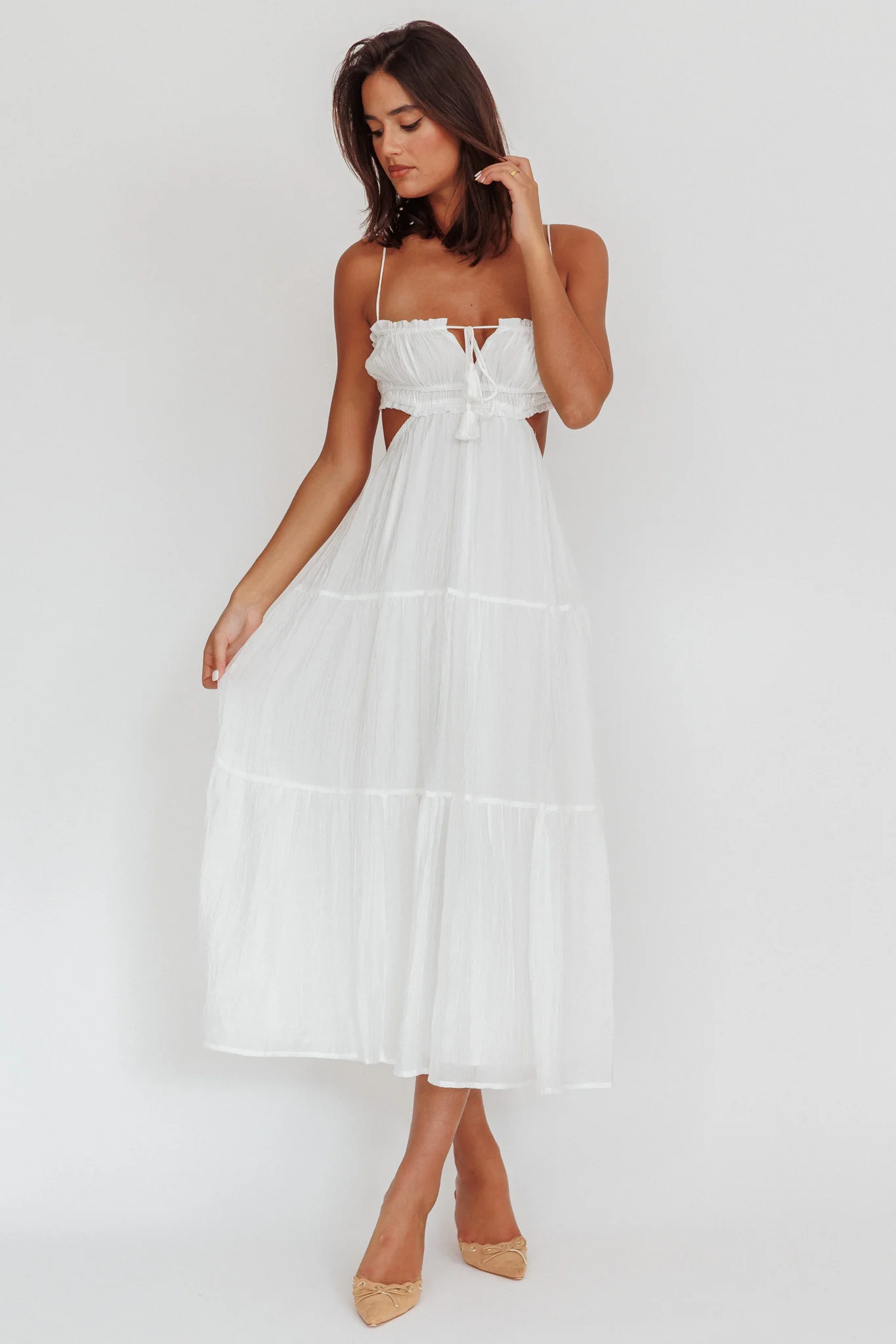 Eyona Cut-Out Waist Tie Maxi Dress White
