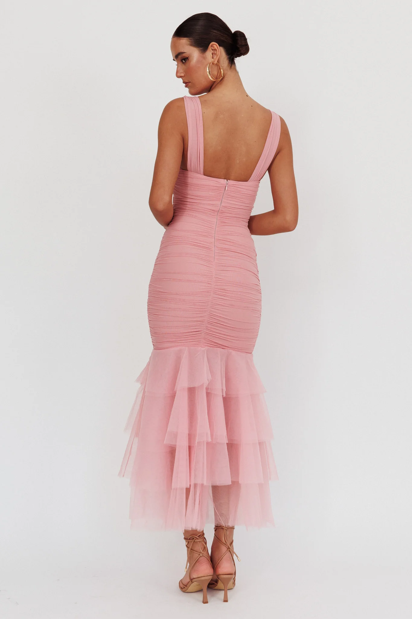 Nadia Tulle Hem Ruched Maxi Dress Pink