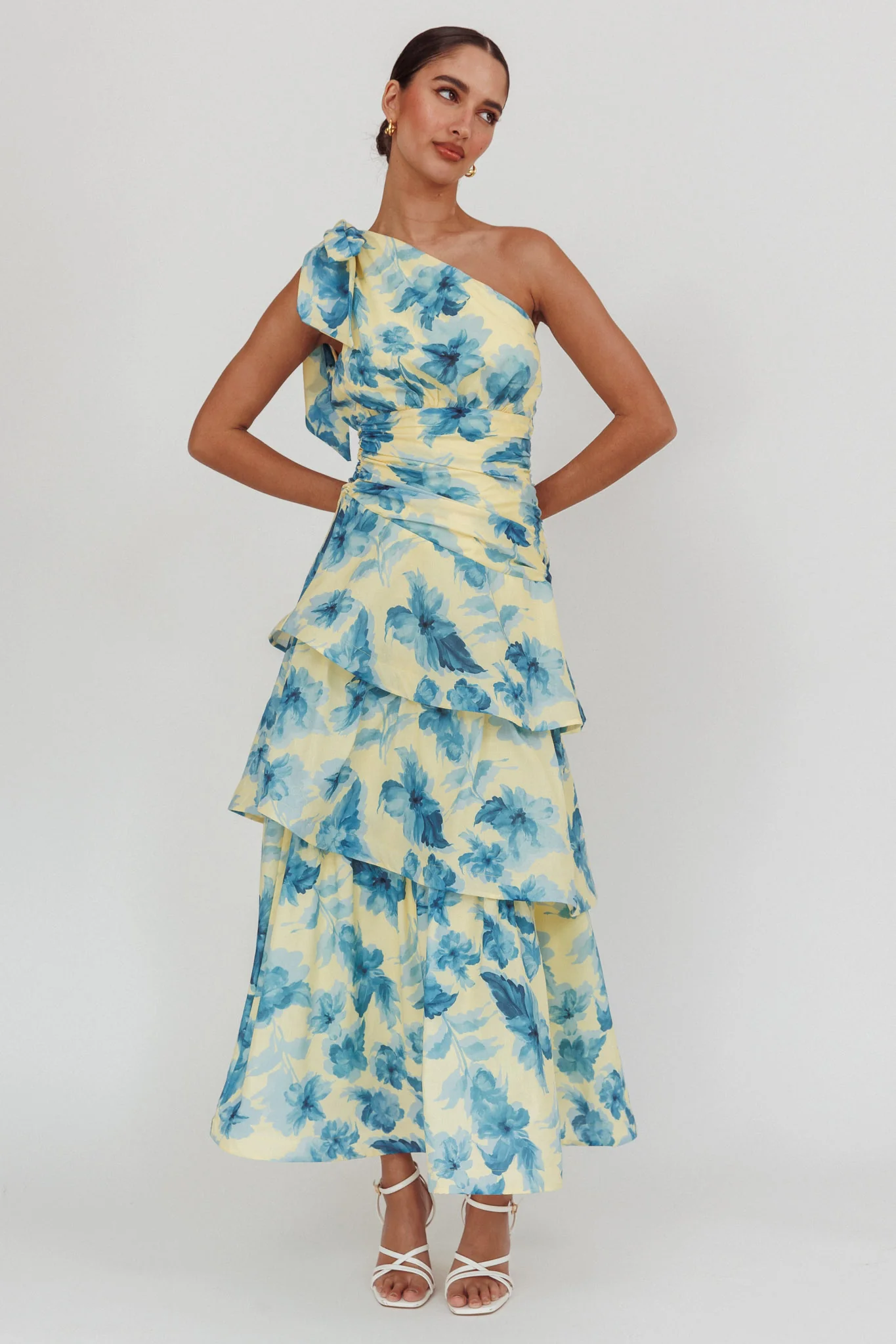 Kenny One Shoulder Tiered Floral Maxi Dress Yellow