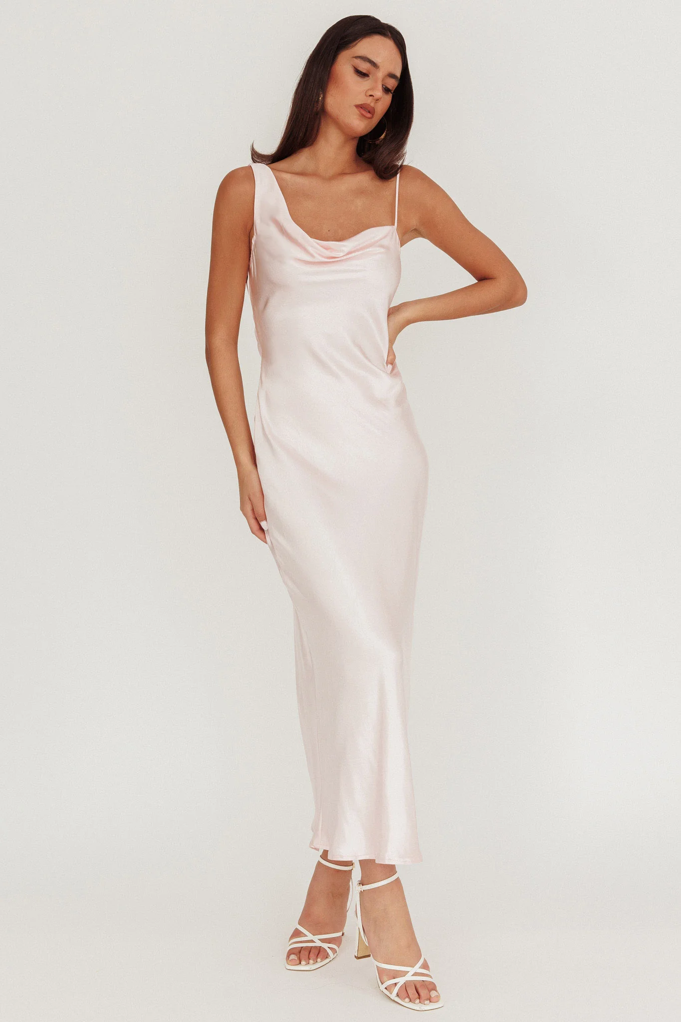 Treats Cowl Back Satin Maxi Dress Baby Pink