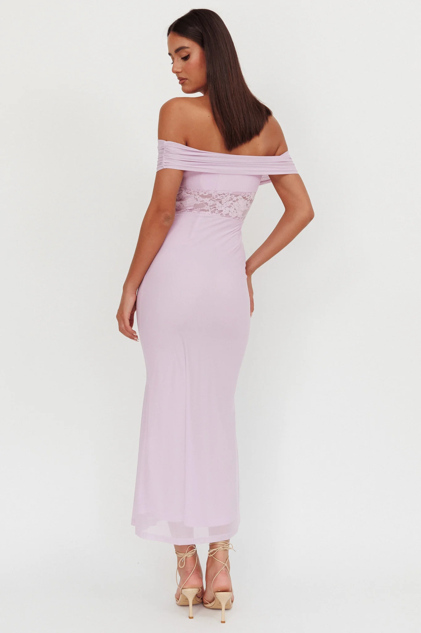Flutters Off-Shoulder Lace Insert Maxi Dress Lilac