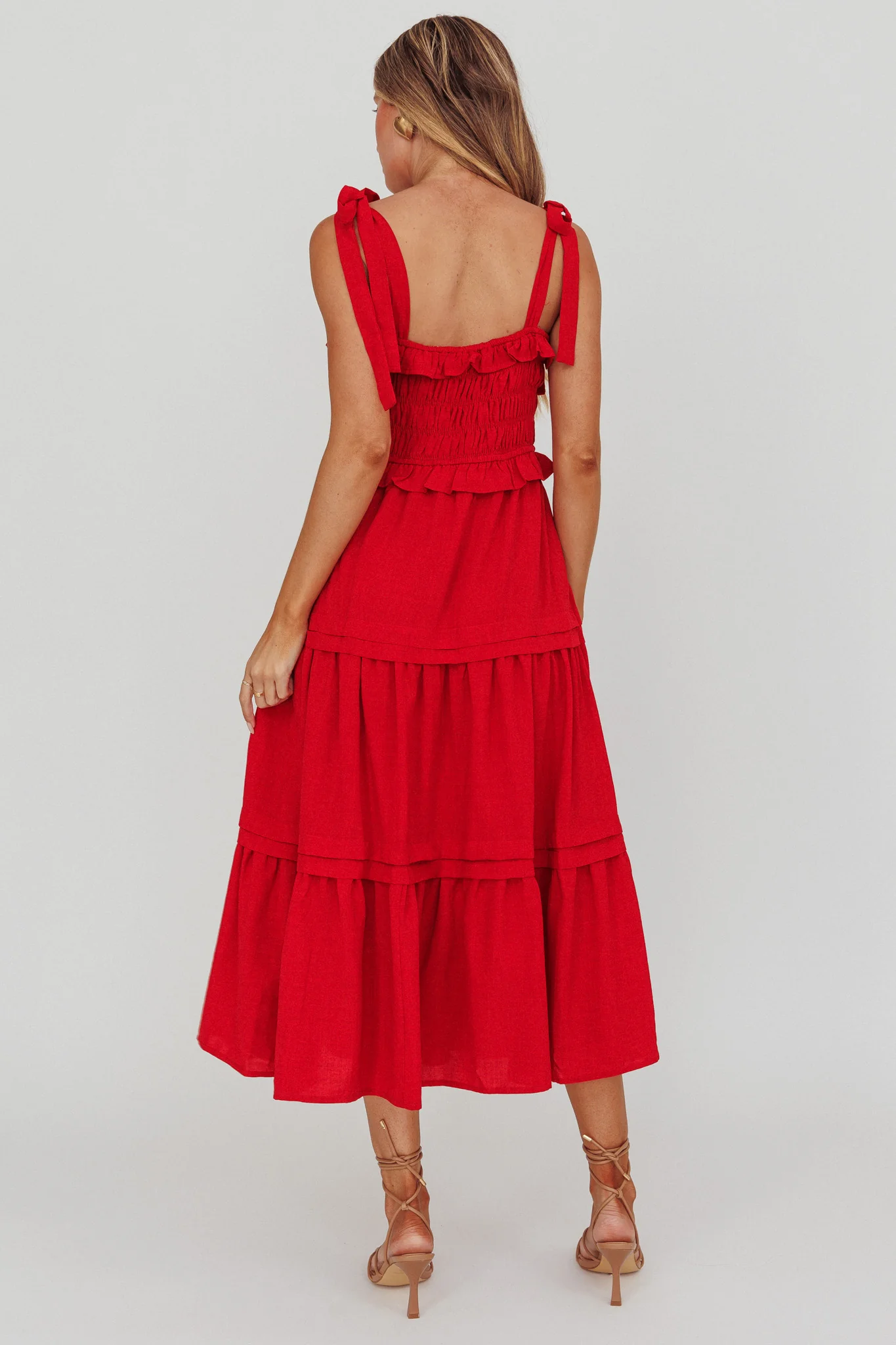 Paprika Tied Shoulder Shirred Midi Dress Red