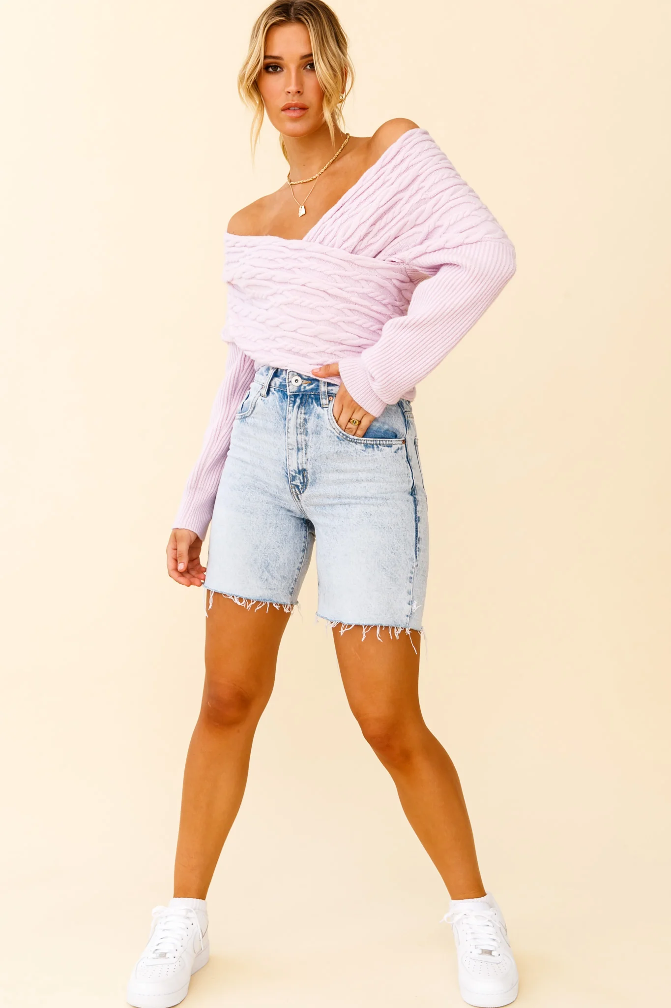 Heartstopper Off-Shoulder Wrap Knit Top Lilac