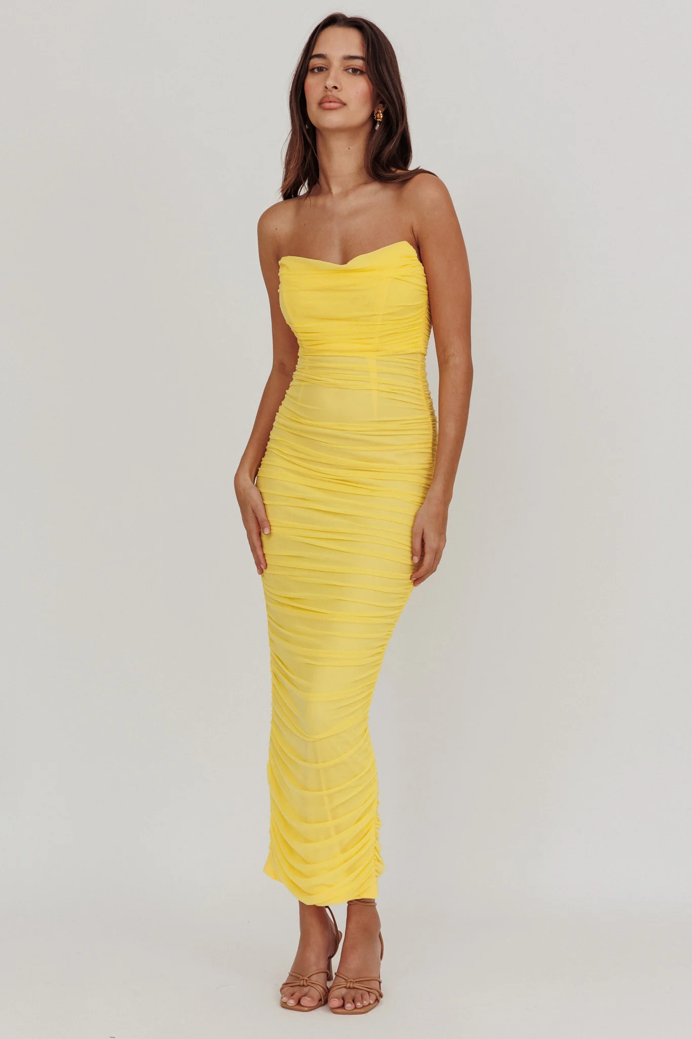 Midwest Strapless Gathered Mesh Maxi Dress Lemon