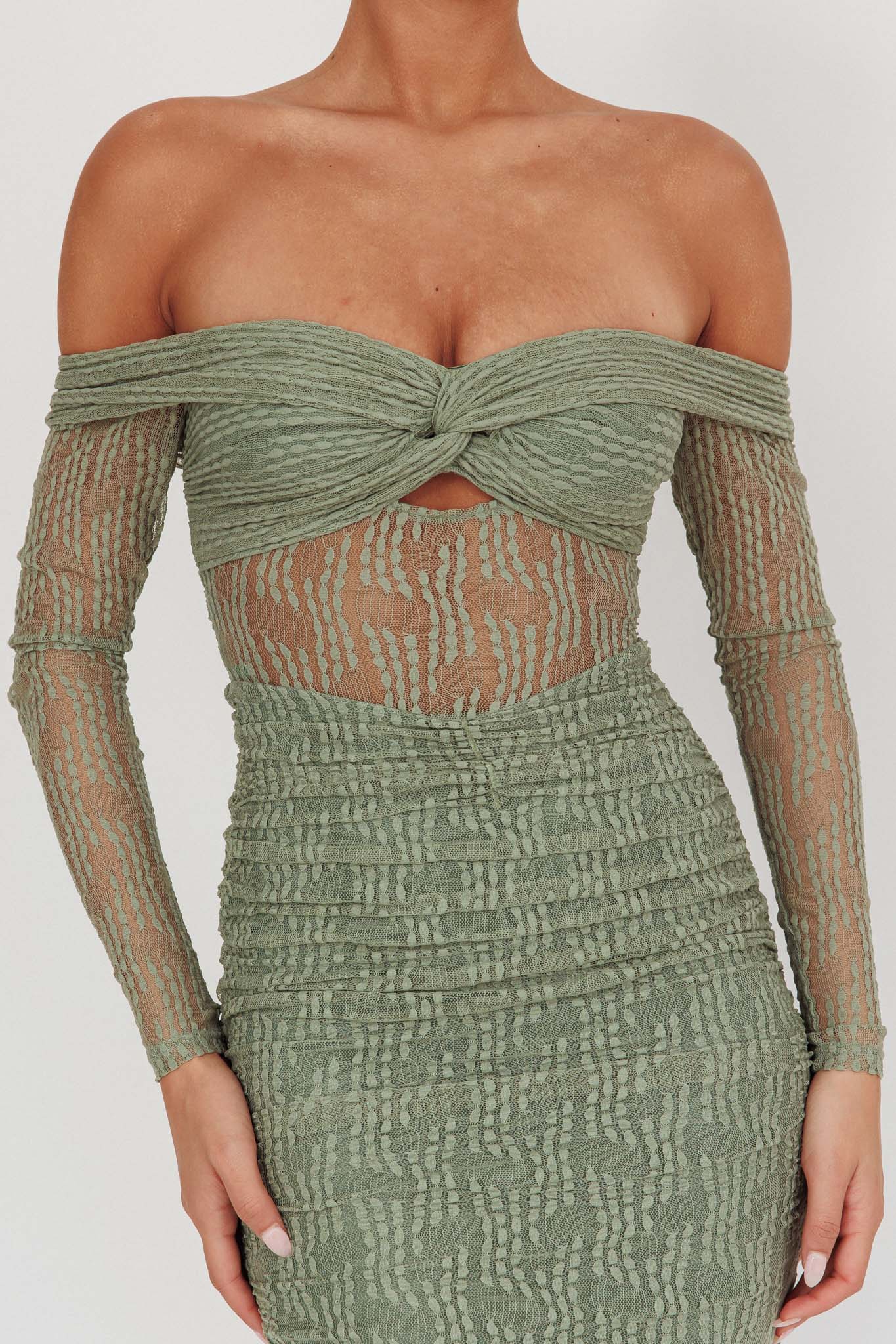 Oliana Off-Shoulder Mesh Maxi Dress Fern