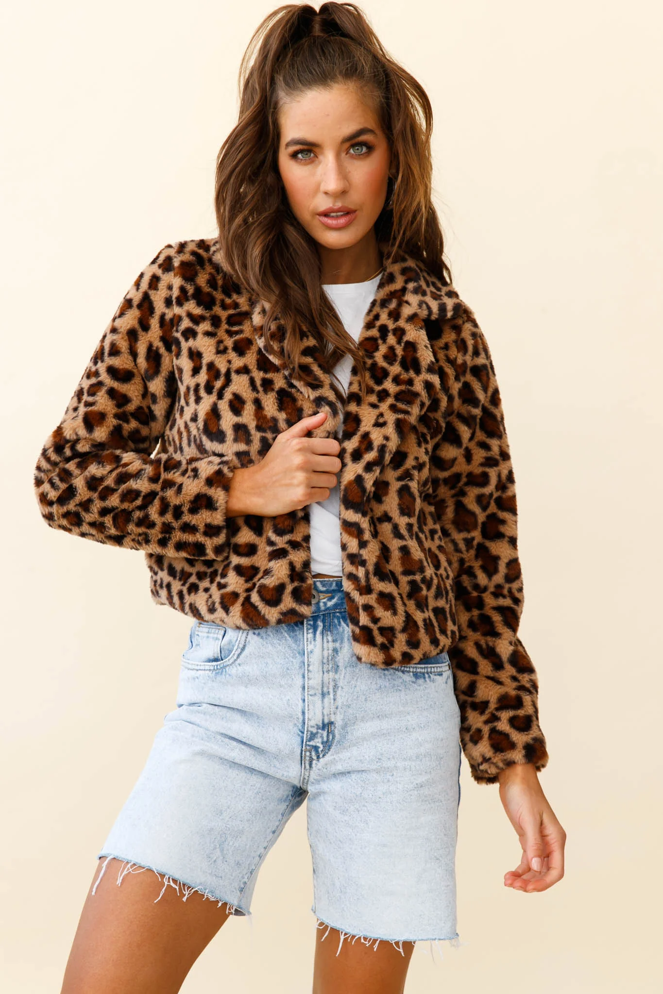 Ohio Faux Fur Leopard Print Jacket Brown
