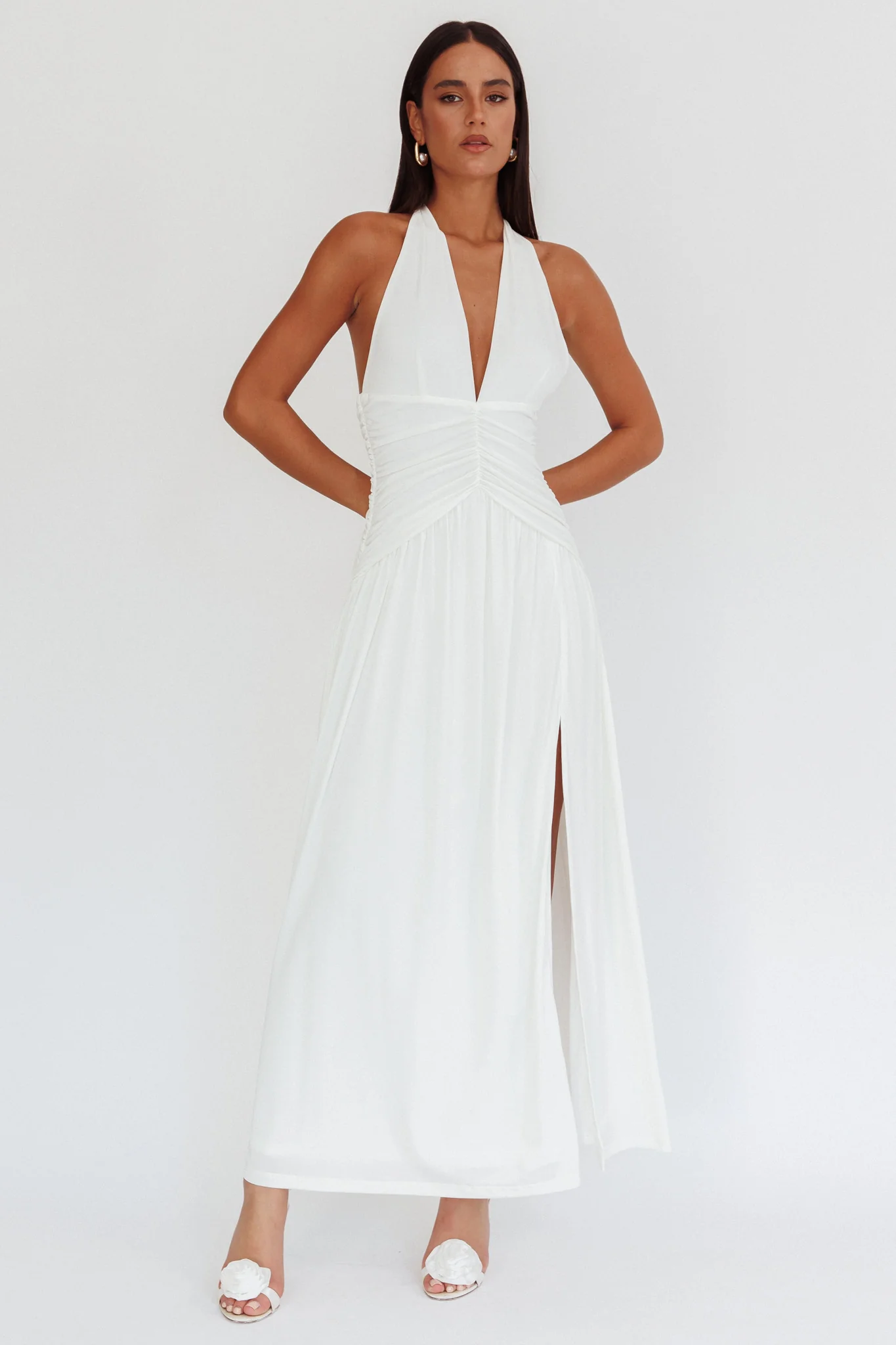 Italia Azure Gathered Waist Maxi Dress White