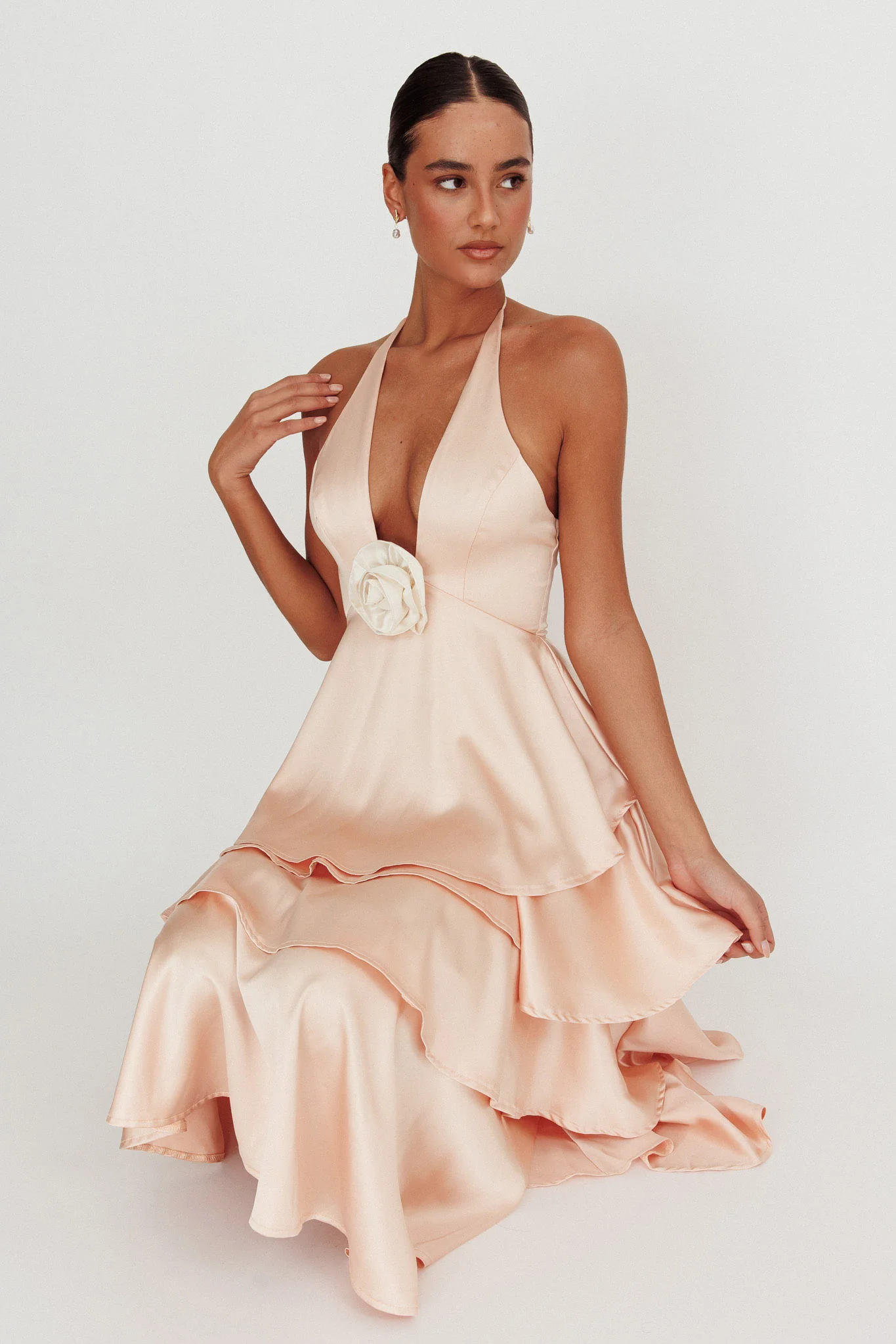 Catalina Tiered Ruffle Rosette Maxi Dress Peach