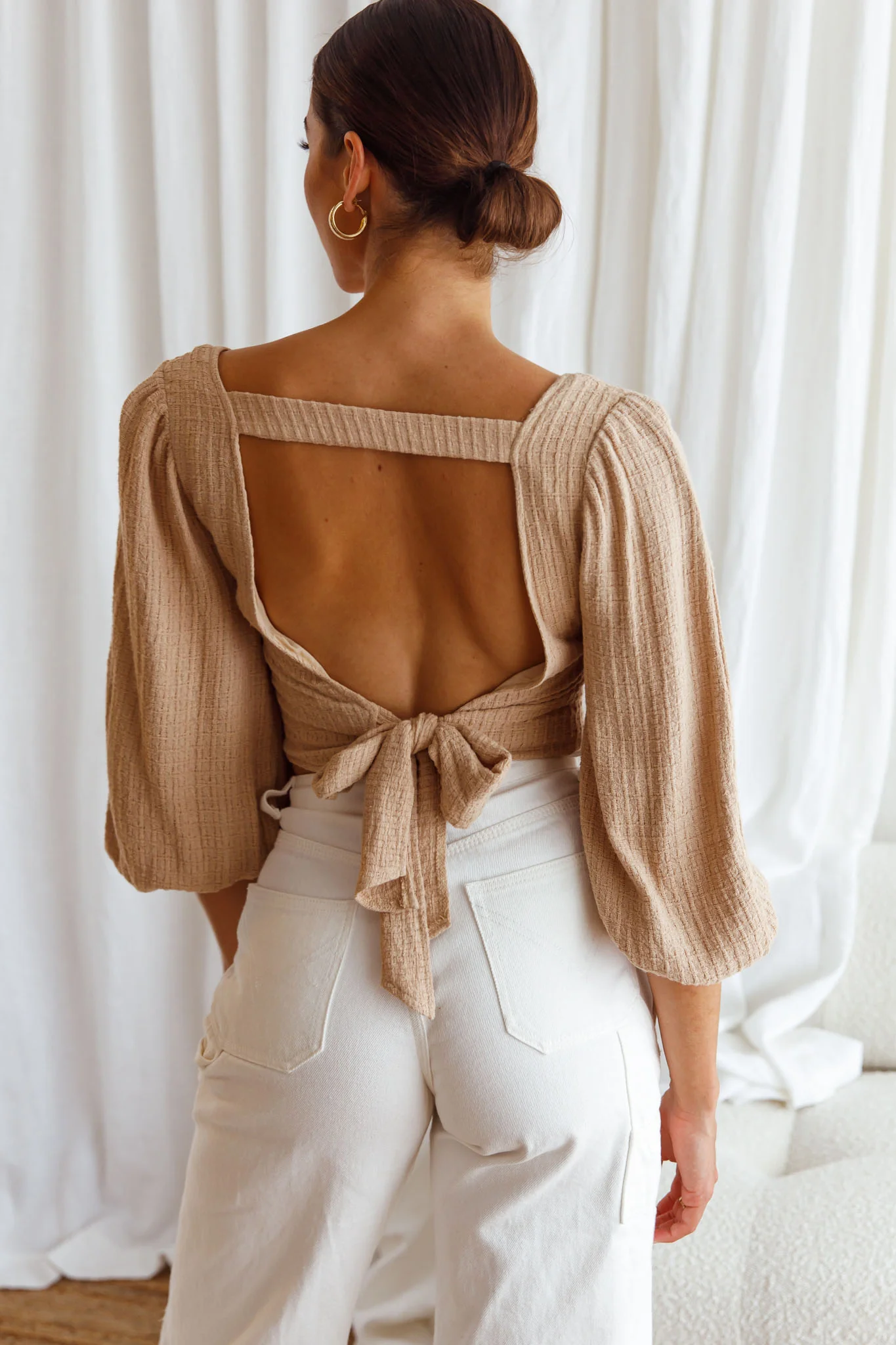 Love Like This Balloon Sleeve Open Back Crop Top Textured Beige