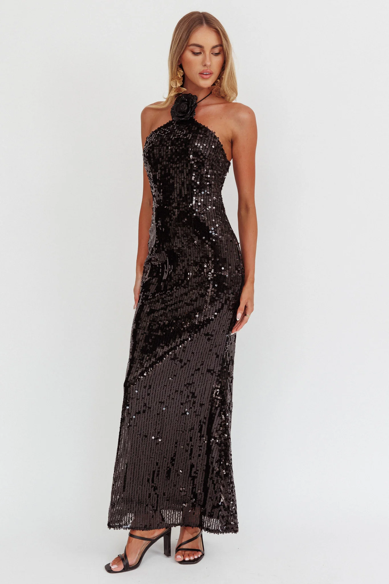 High Roller Flower Decoration Halter Dress Sequin Black